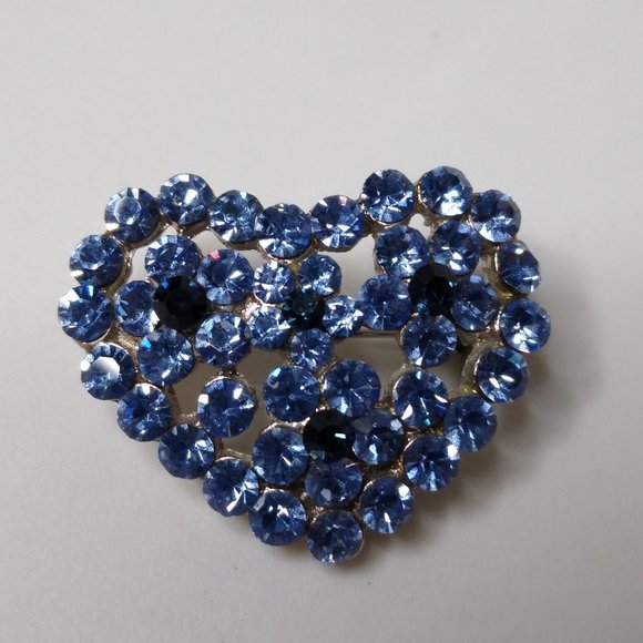 Blue Glass And Metal Heart With Flowers Brooch - Picture 2 of 14